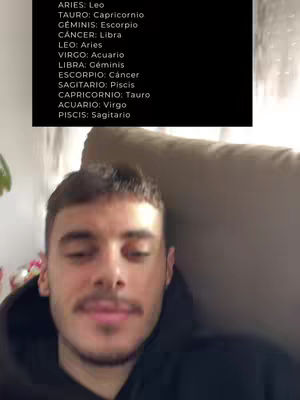 A man with short brown hair and a mustache is centered in front of a blurry background. A list of astrological signs and corresponding signs is superimposed on the background, with a black background to the text.