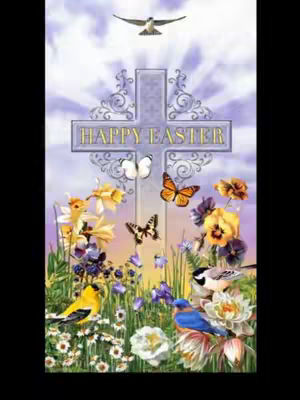 A serene digital illustration features a cross at the center, adorned with floral embellishments and the words 'Happy Easter.' Around it, a vibrant garden of wildflowers, butterflies, and a variety of birds adds a touch of nature.