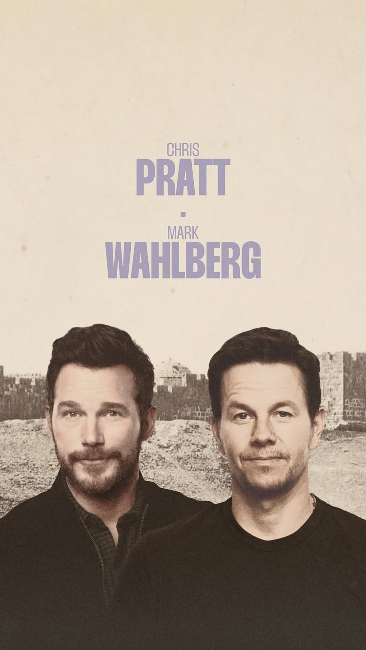 The cover image features a vertical composition. In the foreground are headshots of two men, Chris Pratt on the left and Mark Wahlberg on the right, both men looking at the camera. Above their heads, stacked text displays their names - Chris Pratt and Mark Wahlberg respectively. The background is a faded image of a stone building. The overall color palette is muted, with a cream background and text.