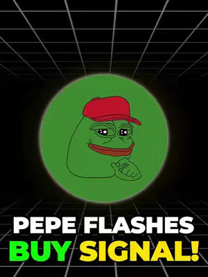 The cover image is a stylized graphic featuring the Pepe the Frog meme. Pepe, wearing a red cap, is inside a glowing green circle. Below, bold white all-caps text reads 'PEPE FLASHES,' followed by 'BUY SIGNAL!' in bright yellow-green.