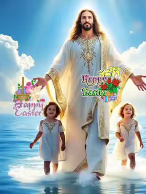 The image is a digitally created scene with a bright blue sky filled with puffy white clouds. In the center stands a figure resembling Jesus Christ, with long brown hair and a beard, wearing a white robe with gold accents. He has his arms outstretched, and at his feet, two young girls are walking towards him. The words Happy Easter are placed on top of a flower with colorful eggs on the image, as well as a decorative basket filled with Easter eggs and flowers on the left. The overall composition has a spiritual theme with a sense of warmth and hope.