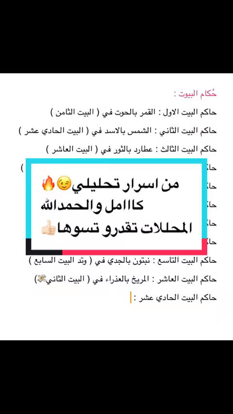 The image features a list of astrological house rulers, written in Arabic script. A turquoise rectangle in the middle contains additional text with emojis in Arabic.