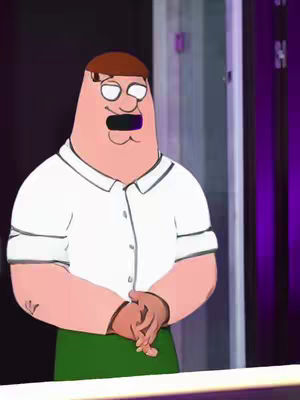 An AI-generated image featuring Peter Griffin from Family Guy. He stands in an indoor setting, dressed in a white collared shirt and green pants. His hands are clasped together in front of him.