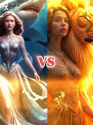 The image is horizontally split, featuring two women side-by-side. On the left, a woman in a flowing silver and gold gown is posed against a blurred, blue background with a shark. On the right, a woman in a gold dress stands near a glowing lion with the word 'VS' in red and white in the center of the image.