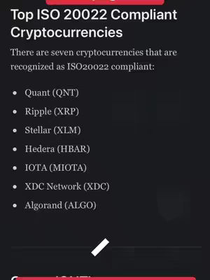 The cover image has a dark gray background with white text arranged in a list format. The title 'Top ISO 20022 Compliant Cryptocurrencies' is at the top in a bold, white font. Below it, there's a short description. The main content is a bulleted list of cryptocurrencies, each with its name and ticker symbol. A red bar sits at the bottom of the image. There are also some white lines at the bottom of the image.