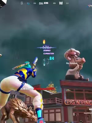 A screenshot from the game Fortnite. The character is in a combat pose, holding a futuristic weapon. Beside them is a pig-like character on top of a building with the text 'Pig'n Pinch.' The background appears to be a battleground with sky and an Elimination sign. The colors are bright, with a focus on blues, greens, and yellows.