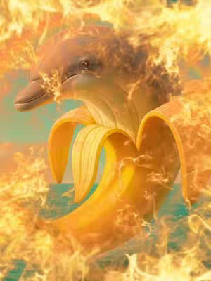 A surreal image depicting a dolphin inside a banana, both engulfed in flames. Soft blue water and sky tones in the background contrast with the vibrant orange fire and yellow banana.