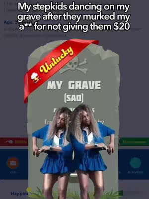 The cover image shows a scene from the BitLife game, with a tombstone labeled 'MY GRAVE [SAD], and an 'Unlucky' banner. Two figures who look similar to each other are positioned on either side of the grave and are posed dynamically.