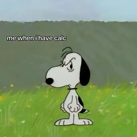 The cover image features Snoopy from the Peanuts comic strip with an angry expression. The background is a grassy field with a soft green hue and a blurred light green horizon suggesting a cloudy day. The text overlay reads 'me when I have calc'.