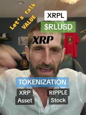 A man with a beard is the central figure, with overlaid text elements related to cryptocurrency like '$RLUSD', 'XRP', and 'Tokenization'. The background is slightly blurred, suggesting an indoor setting with a framed image and clothing visible behind the man.