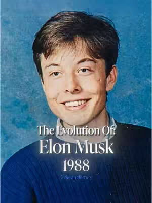 A portrait of a young Elon Musk smiling. Text layers overlay the image with "The Evolution Of: Elon Musk 1988". The background is a solid blue color.