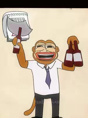 An animated image featuring a monkey-like character dressed in a white shirt, a gray tie, and black pants. The character is animated with a wide smile, holding two wine bottles in one hand and a calendar in another. The setting appears to be a light beige background.