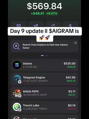 The image shows a screenshot of a crypto trading app, displaying current asset values. A white text overlay states "Day 9 update II $AIGRAM is" with rocket ship emojis. The app interface features a dark theme with listed cryptocurrencies like Solana and Telegram Engine, along with their current values and recent changes.