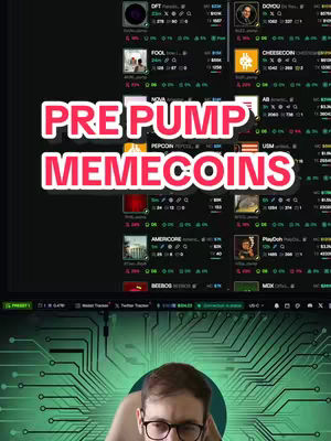 A man with glasses looking at a screen with a crypto currency interface. The screen displays data on various cryptocurrencies with red and green price changes. The text overlay reads "PRE PUMP MEMECOINS". The background has a green circuit board design.