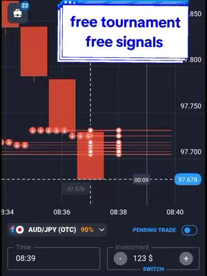 The image features a trading interface with candlestick charts in red, white, and gray color scheme. A text overlay highlights promotions. The interface shows time, price points, and trading indicators and trading options with the currency pair AUD/JPY.