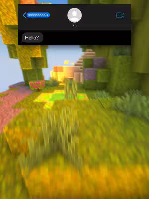 The image shows a blurred background landscape from what looks like a video game, with a text message overlayed at the top. The overlay is a simulation of a phone's text interface. The background is dominated by the textures of trees and green grass in a blurred aesthetic.