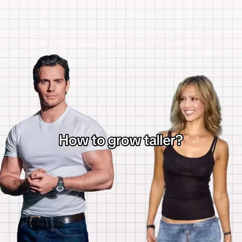 The cover image shows two figures, a man and a woman, placed side-by-side against a grid background. The man on the left is muscular, wearing a white t-shirt and jeans, with a neutral expression and a watch. The woman on the right has shoulder-length hair, wearing a black tank top and smiling. Overlaid text asks, "How to grow taller?"