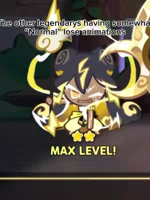 The image shows a game character from Cookie Run Kingdom in a defeated pose. The character is a cookie with black hair, gold accents, and a lightning bolt on its forehead. The top text describes what the other legendary cookies have when they lose.