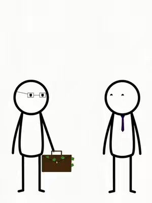 A minimalistic illustration on a white background. Two stick figures are depicted. One, on the left, wears glasses and holds a briefcase overflowing with money. The other, on the right, wears a tie. Both figures are featureless except for their simple outlines.