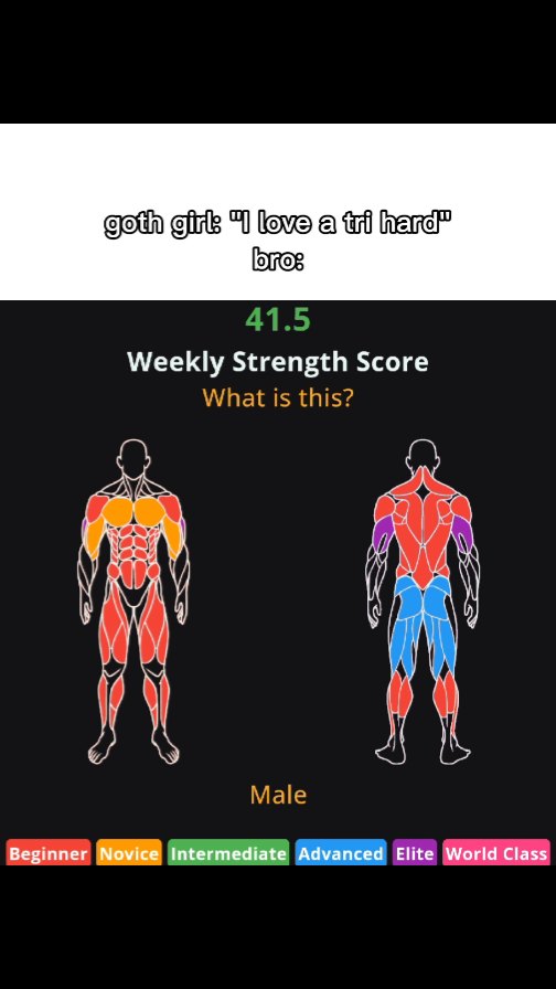 The image is a screenshot from a fitness app. The center shows an illustration of two human figures overlaid with colored regions representing muscle groups. The left figure is colored with orange and red, and the right one has muscle groups highlighted in multiple colors including red, blue, and purple. Above, the number "41.5" is displayed with the text "Weekly Strength Score." Below the figures, "Male" is written. At the bottom, a color-coded legend indicates strength levels from "Beginner" to "World Class."