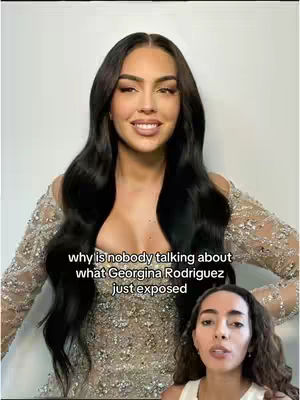 A woman with long, dark hair smiles, framed against a light background. Overlayed text asks why no one is talking about a certain topic related to Georgina Rodriguez. A smaller video of a woman talking is in the bottom right corner.