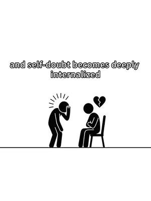 A minimalist illustration on a white background. It depicts two stick figures and a broken heart. On the left, a stick figure with radiating lines above its head, suggesting stress or anxiety, holds its head in its hand. On the right, another stick figure sits on a chair with a broken heart symbol floating above it. The text overlay explains a part of the illustration.