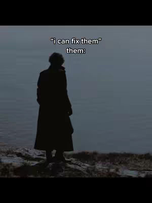 A silhouette of a person in a long coat stands facing away, set against a backdrop of water and a cloudy sky. Text overlayed gives the impression of a meme and makes the scene a set up for the content of the video.