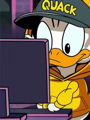 An animated cartoon duck wearing a black cap that says "QUACK" is intently focused on a computer screen. The duck is wearing a yellow hoodie and its eyes are wide. The scene is set against a blurred background with neon colors, suggesting a digital or virtual environment.