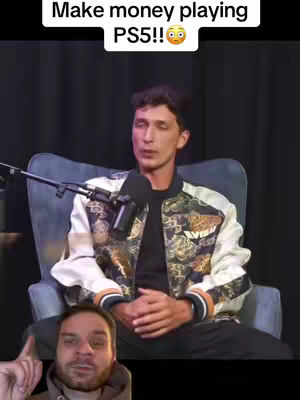 The cover image shows a man seated in a blue armchair, speaking into a microphone. Above him, a black banner with white text reads: "Make money playing PS5!!". Below the man, there's another man positioned at the bottom. The background appears to be a simple, dark curtain, and the overall image has a casual, interview-style setting.