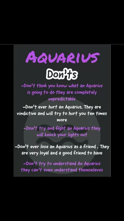 A graphic with a dark background, centered with text in purple and lists "Don'ts" for Aquarians.