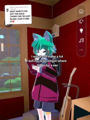The image captures a 3D animated character with green hair and fox-like features standing inside a room with red walls and a window on the left. The character is wearing a long-sleeved top and shorts, and is holding a book. A guitar stands propped up against a wall. Text overlays are present in the image.
