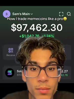 The image shows a young man with dark hair and glasses looking directly at the camera. Overlaid at the top, there's text indicating the video's focus on trading memecoins, along with a financial display showing a substantial sum. The overall color scheme is dominated by dark greens and the man's skin tone, with bright display elements to draw attention to the financial results shown.