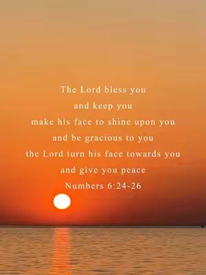 The cover image features a sunset over a body of water. The sky transitions from a deep orange at the horizon to a lighter orange at the top. The sun is a bright white circle near the bottom. The water is calm, reflecting the colors of the sky. Text overlays the image in a sans-serif font, quoting Numbers 6:24-26.