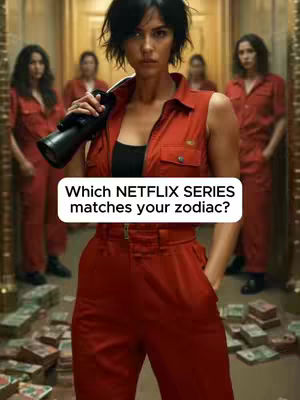 The image shows a woman holding a camera, dressed in a red jumpsuit, and in front of a hallway with other women dressed in the same red uniforms. The hook is a white rounded rectangle containing the text "Which NETFLIX SERIES matches your zodiac?"