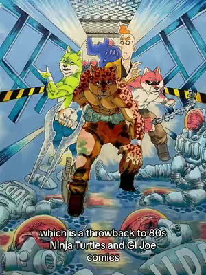 An artistic digital illustration featuring a group of anthropomorphic animal characters posed in a dynamic action scene. The central figure is a muscular leopard-like character with a fierce expression, surrounded by other animal figures including a green wolf and a pink fox, all set against a futuristic backdrop that suggests a 80s comics style.