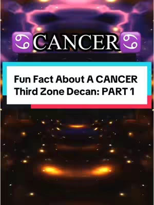 The cover image features a gradient background with a celestial or cosmic theme, transitioning from purple to dark blue, with bright, glowing orbs dispersed throughout. In the top part, a banner features the word "CANCER" in bold, white text with purple zodiac symbol icons on either side of it. Below this, a second banner in a striking turquoise color presents, the text "Fun Fact About A CANCER Third Zone Decan: PART 1" in large, bold, white font.