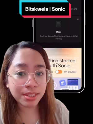 A woman with glasses is centered, partly obscuring a phone screen on which text overlays are visible. The woman is smiling and the phone screen shows an app interface with text and icons against a dark backdrop.