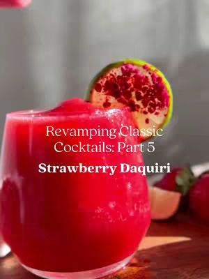 A close-up shot of a vibrant red strawberry daiquiri in a clear glass. A lime slice with red seeds rests on the rim. Text overlays with the title and description are present.