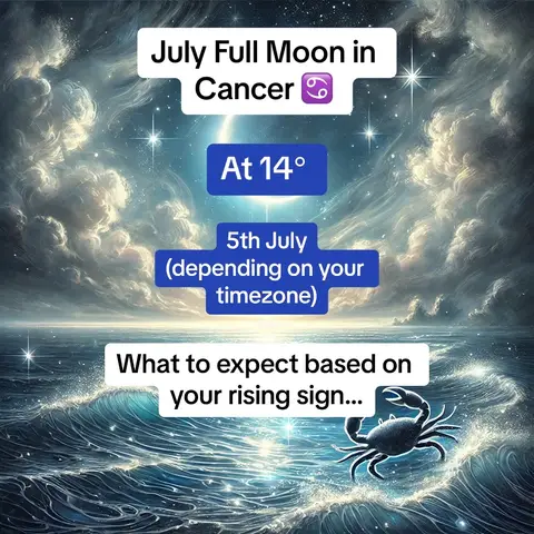 The image features a stylized illustration of a celestial scene. The background depicts a cloudy sky with shades of blue and white, suggesting a night or twilight setting. Above the water, multiple text boxes are overlaid. A crab illustration is placed at the bottom right.