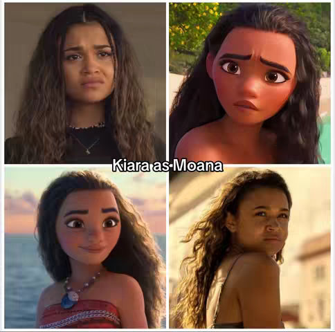 A square image divided into four smaller squares, each featuring a different image. The top left shows a young woman with brown wavy hair, wearing a black top, looking concerned. The top right displays the animated character Moana with a worried expression. The bottom left also shows Moana, animated, smiling. The bottom right shows a young woman looking to the side. The text overlay reads "Kiara as-Moana".