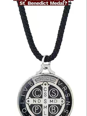The cover image shows a St. Benedict Medal hanging on a black cord against a white background. The medal is round with a black outer ring, and a silver inner design featuring a cross in the center and text in both Latin and English around the edges. The upper text says, 'PAX' and there are text in the cross shape. Also there is a black rope at the top.
