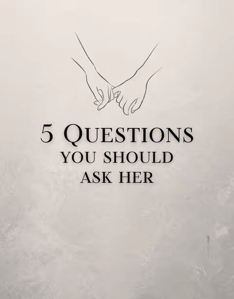 The image features a minimalist design with a light grey background. The focal point is a black line drawing of two hands, with fingers intertwined in a pinky promise. Below the hands, the text '5 QUESTIONS YOU SHOULD ASK HER' is displayed in a bold, black font. The background has a subtle, blurred texture, enhancing the focus on the central elements and text.