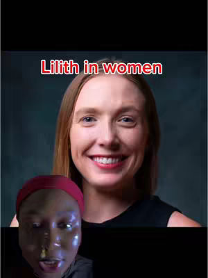 The cover image presents two women sharing space. The main focus is on woman with fair skin, long hair, smiling and with a text overlay "Lilith in women", and a bottom overlay which shows another woman with short hair, with a red bandana holding on her head and some kind of facial filter on her.