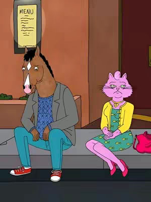 An animated scene featuring two cartoon characters. A horse-headed figure (BoJack Horseman) sits on a ledge, looking down with a sad expression. Beside him sits a pink cat-like character (Princess Carolyn), also with a somber expression. The scene is set in a dimly lit area, possibly a waiting area or a bar, with a menu board visible behind the horse-headed character.
