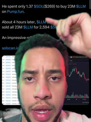 A selfie-style video with a man's face as the primary focus and text overlays. The background includes a blurred chart that shows trading volume, alongside other information. His hand is pointing towards the text which has financial information.