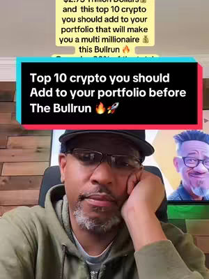 A man in a cap and glasses is looking at the camera with a slight smile, and a text overlay in a rectangular box that reads "Top 10 crypto you should Add to your portfolio before The Bullrun" with a flame and rocket ships emoji. There is an image of a man in glasses on a vertical screen to the right edge of the image.
