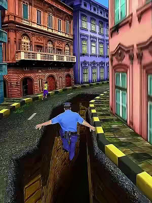 A 3D rendered image of a street scene, with three buildings in the background. The street has a deep ravine splitting it, a person dressed as a police officer is attempting to leap the gap. A person is walking on the far side of the street.