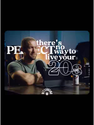 The cover image shows a man sitting at a desk with a tablet, microphone, and a drink. Text overlays announce the video content: "There's no perfect way to live your 20s".