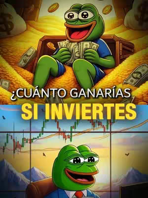 The cover image is split horizontally, featuring two panels. The top panel is a cartoon-style illustration of Pepe the Frog sitting inside a treasure chest filled with gold coins, with money in hand. The background is rich yellow, implying wealth. Below, Pepe the Frog, now wearing a suit and tie, is looking at a complex graph of stock market data. The background includes a cityscape behind him.