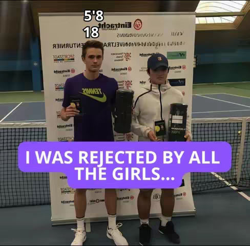 Two young men standing in a tennis court setting, holding trophies. Text overlays appear on the image.